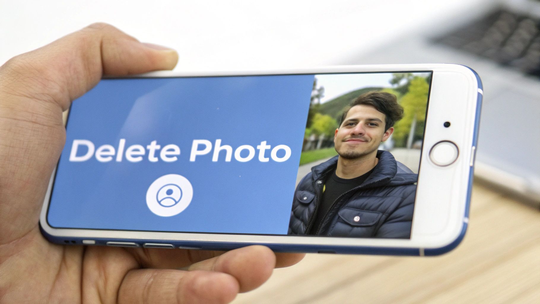 A hand holds a smartphone displaying 'Delete Photo' next to a smiling man's picture.