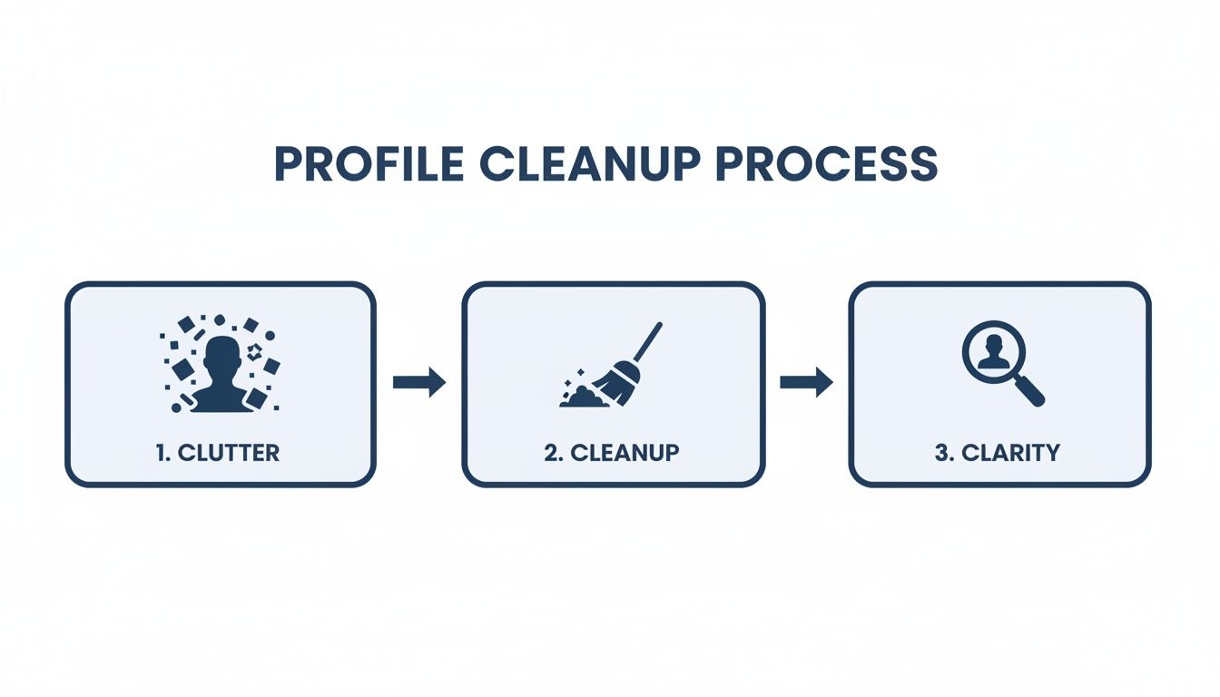 A three-step diagram illustrating a profile cleanup process, moving from clutter to clarity.