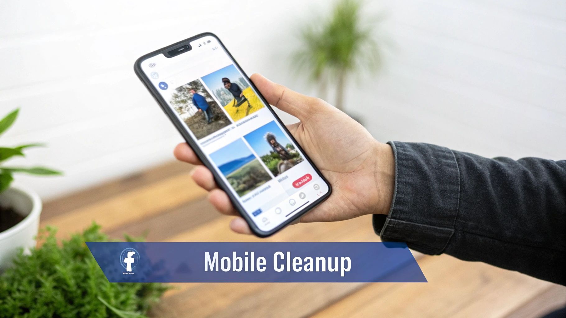 A hand holds a smartphone displaying a social media feed with various photos, and a 'Mobile Cleanup' banner.