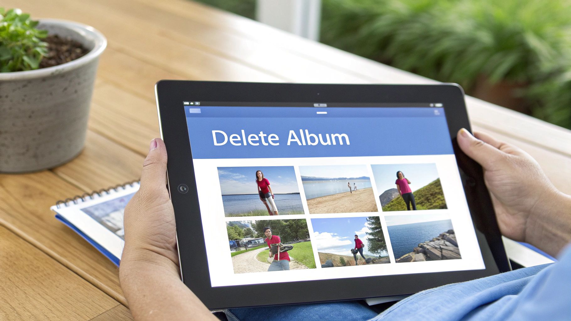 A person holds a tablet displaying a photo album with the title 'Delete Album' on the screen.