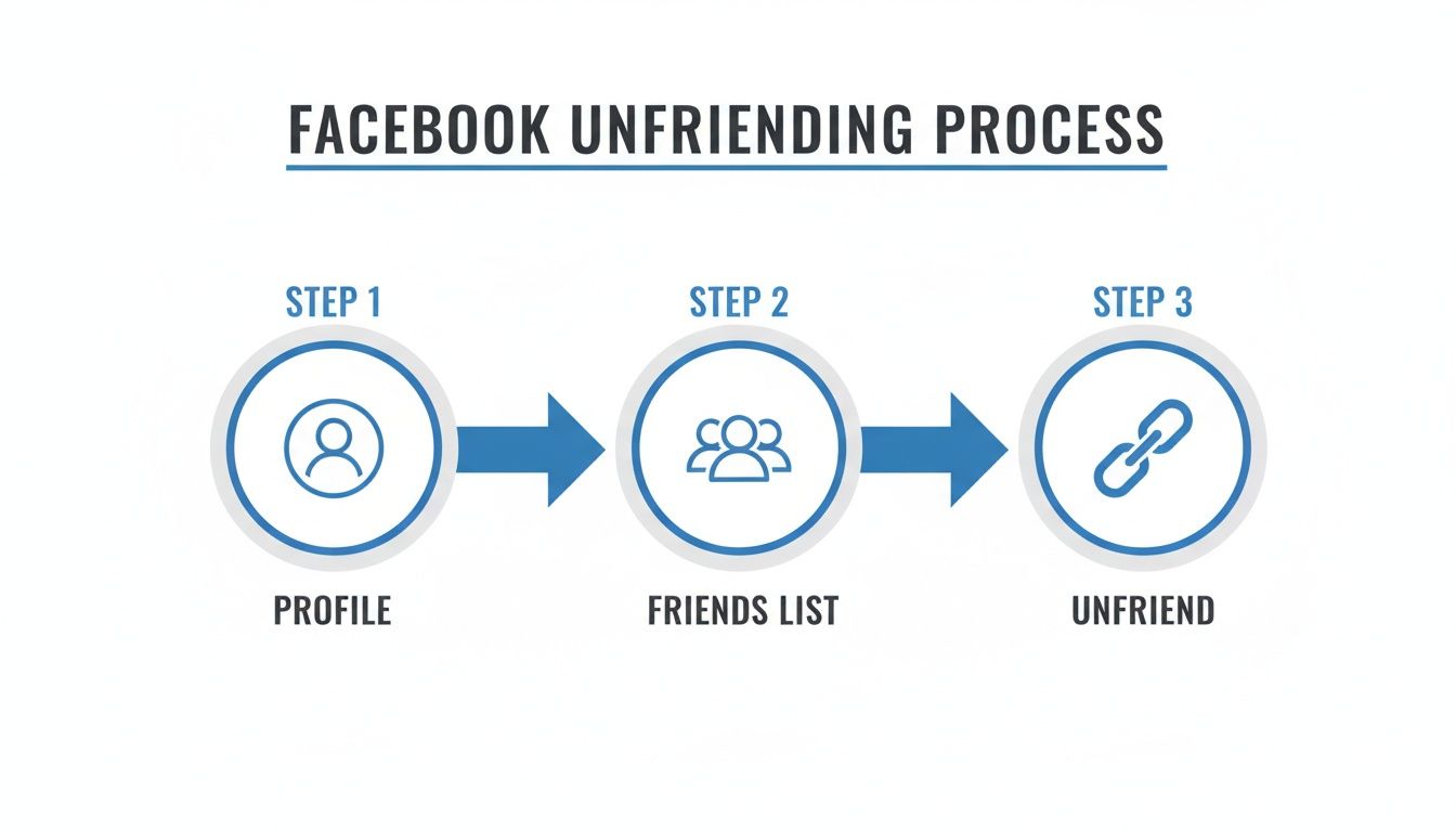 Infographic showing a three-step Facebook unfriending process: profile, friends list, and unfriend.