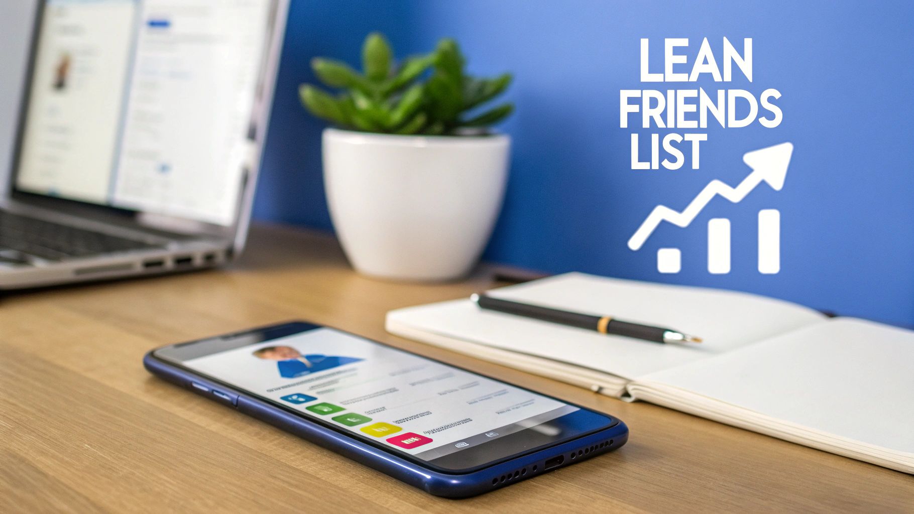 A desk with a laptop, smartphone displaying a profile, notebook, plant, and 'LEAN FRIENDS LIST' graphic.