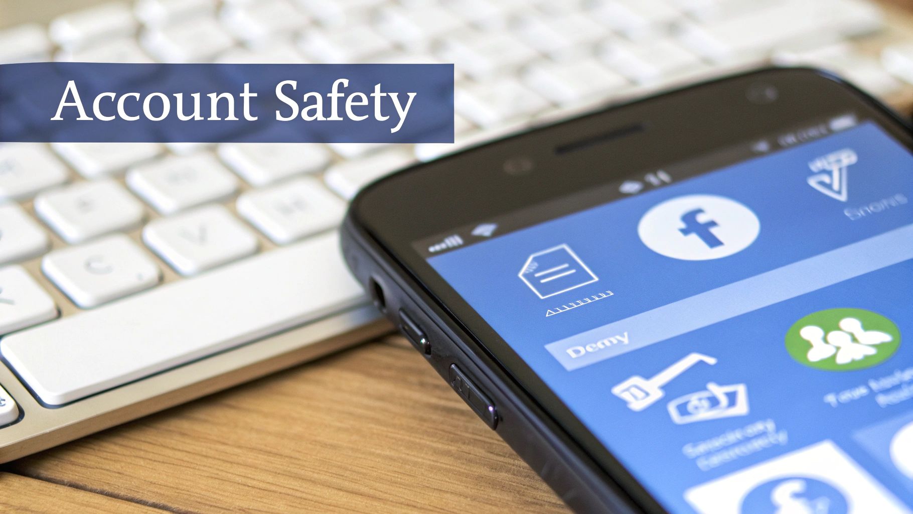 A smartphone displaying social media apps and a keyboard, highlighting account safety.