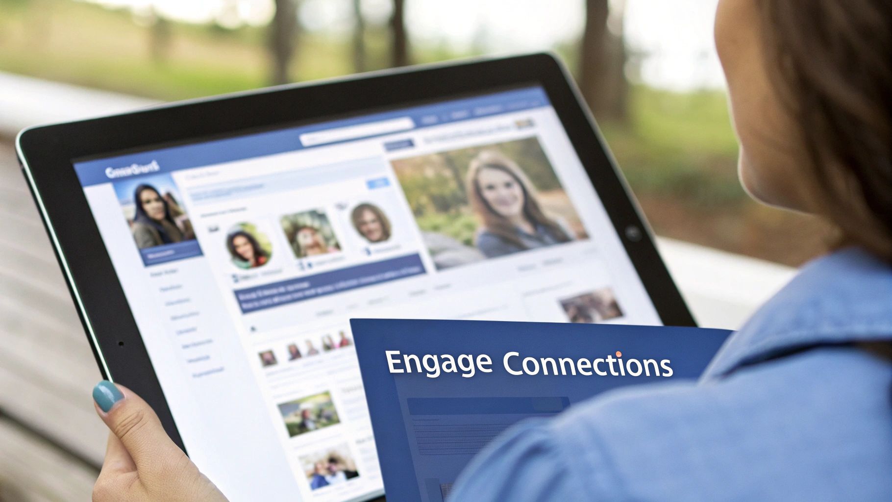Close-up of a person holding a tablet displaying a social media page, with 'Engage Connections' text.