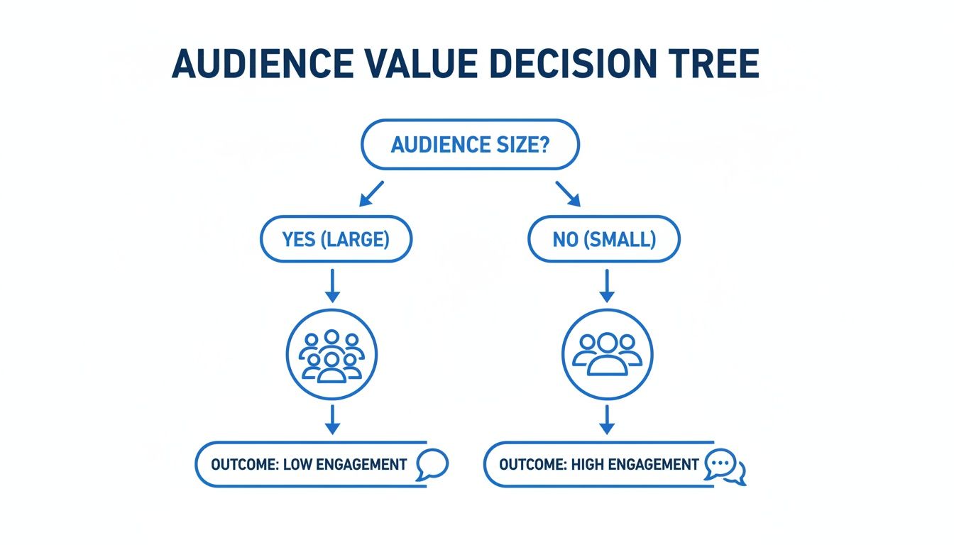 Decision tree illustrating that a large audience leads to low engagement, while a small audience leads to high engagement.