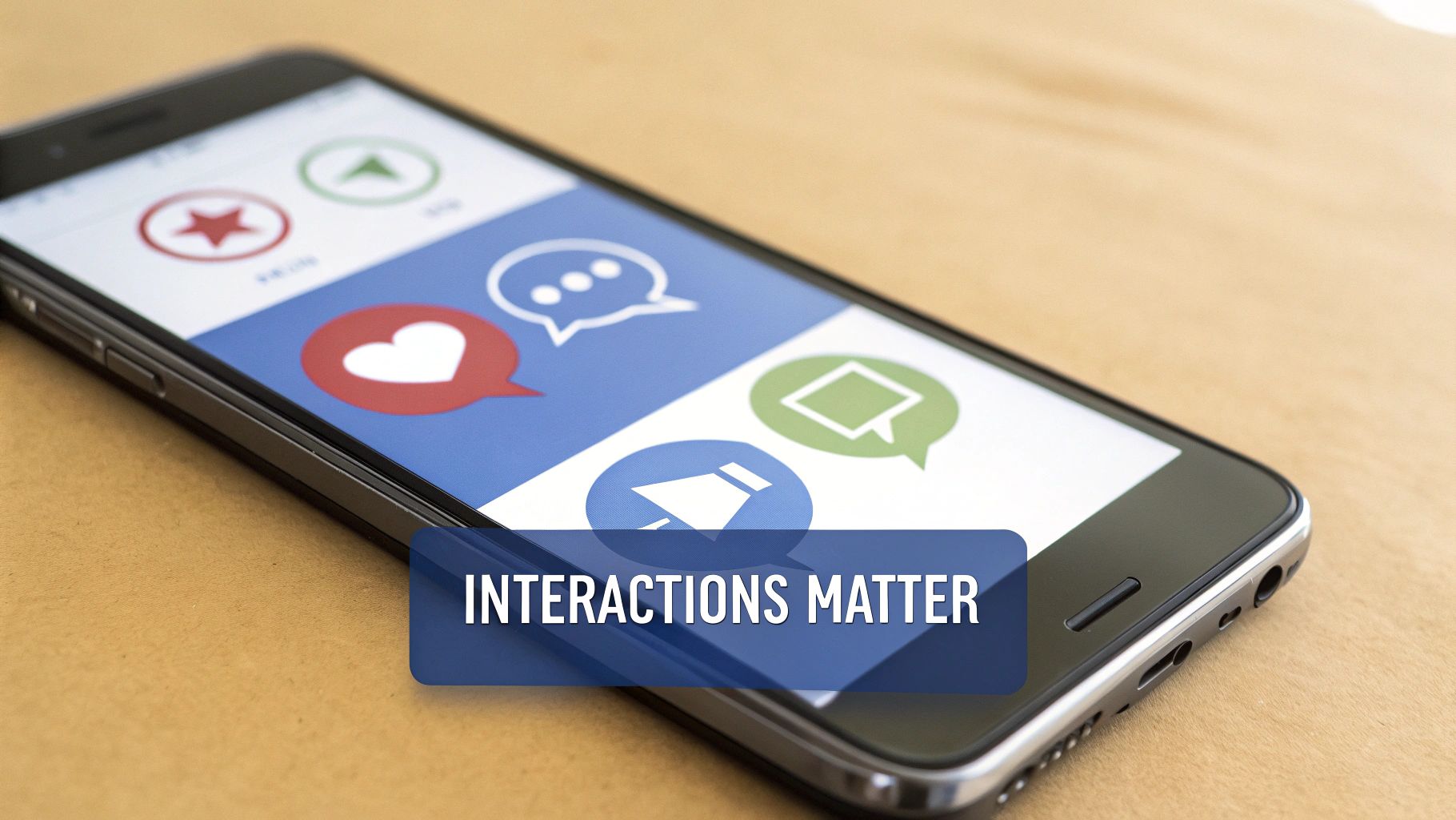 A smartphone displaying social media engagement icons like heart, star, and chat bubbles, with 'INTERACTIONS MATTER' text.