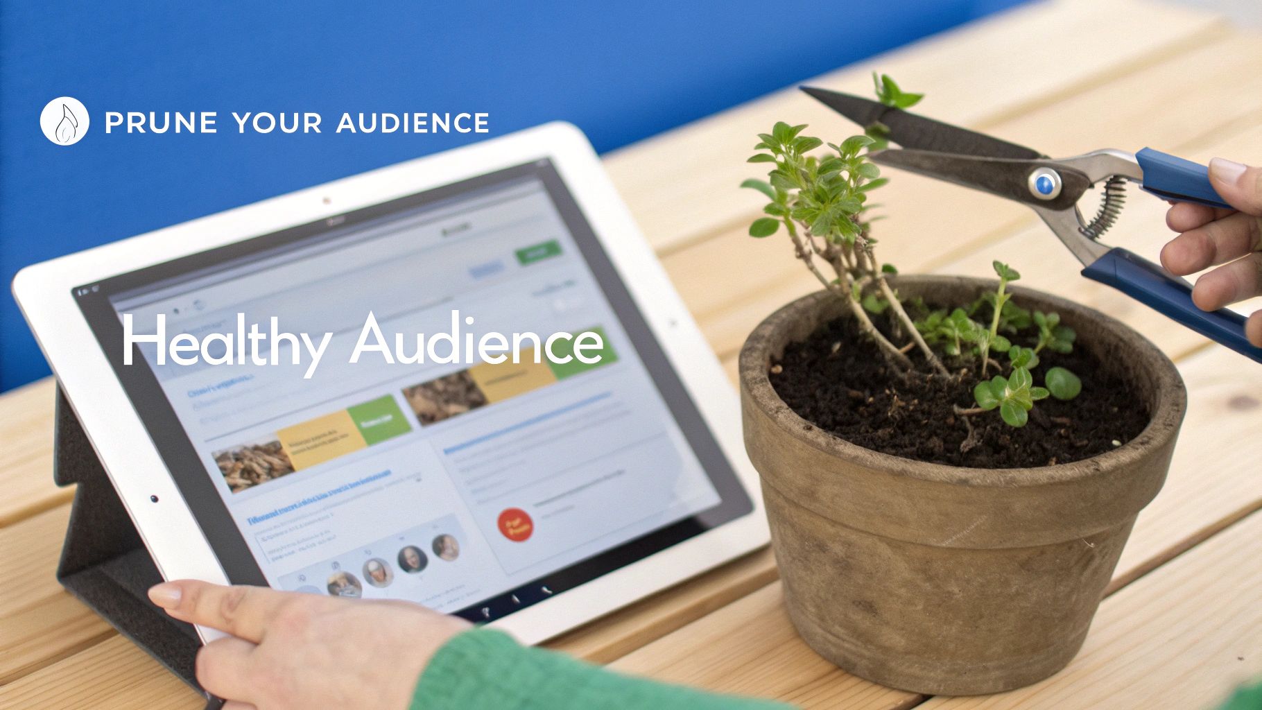 A hand prunes a small green plant with scissors, next to a tablet displaying 'Prune Your Audience' and 'Healthy Audience'.