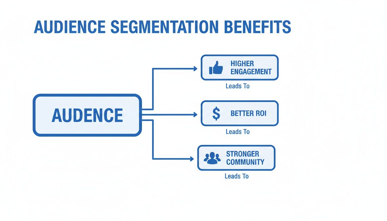 Diagram illustrating the benefits of audience segmentation, leading to higher engagement, better ROI, and a stronger community.