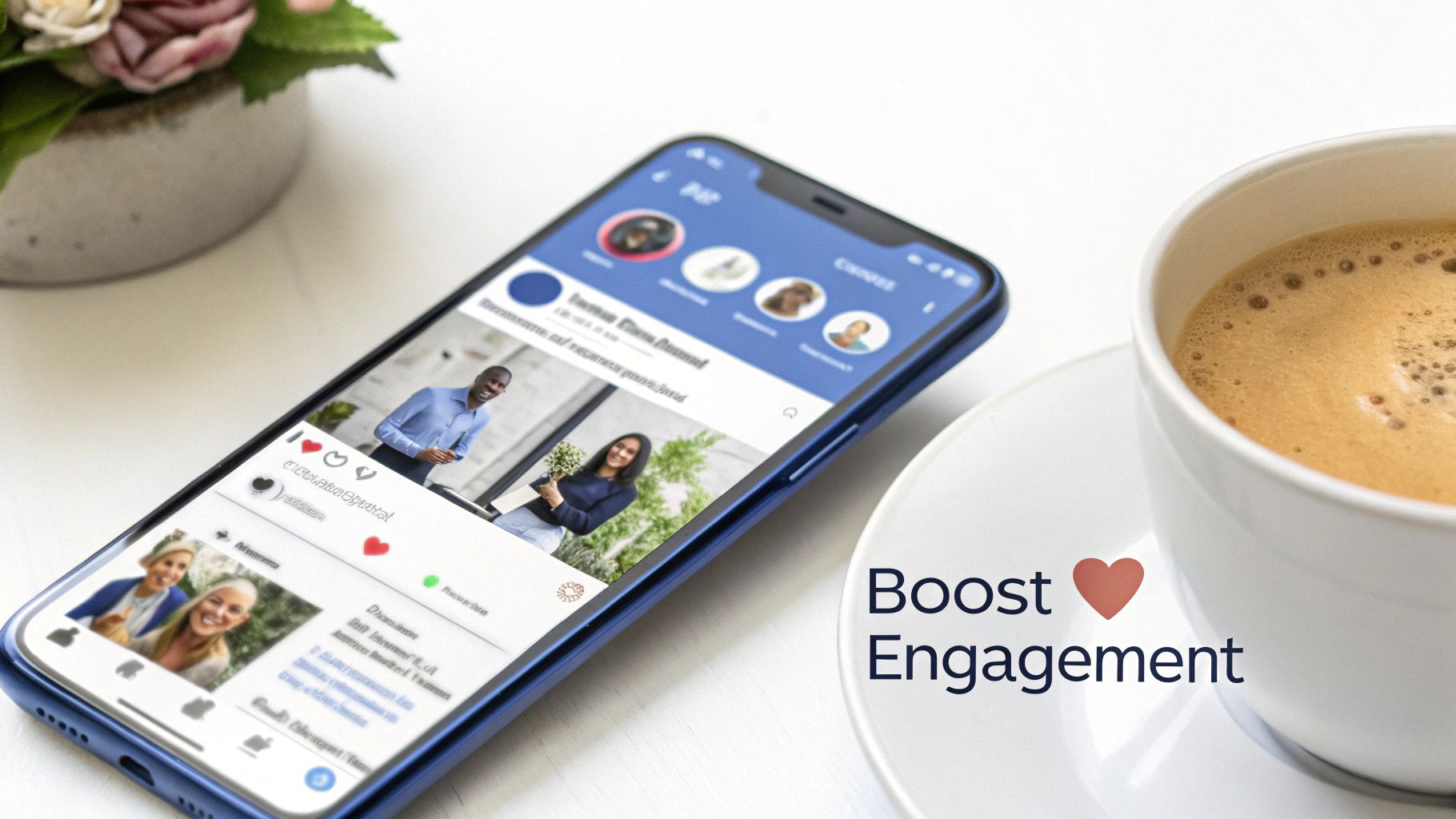 A smartphone displays a social media feed, a coffee cup, and the text 'Boost Engagement'.