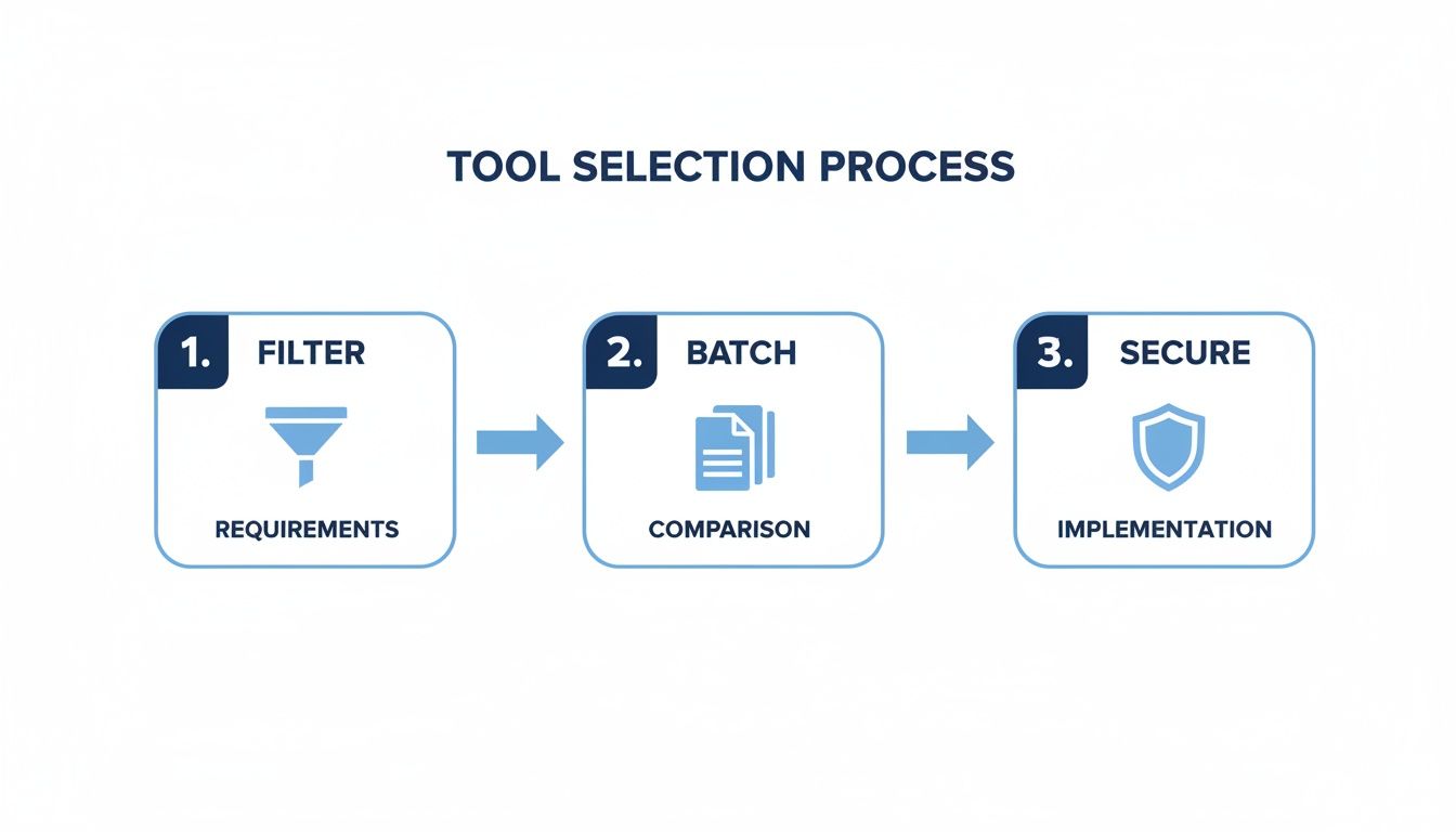 A three-step tool selection process diagram showing filter, batch, and secure stages with icons.