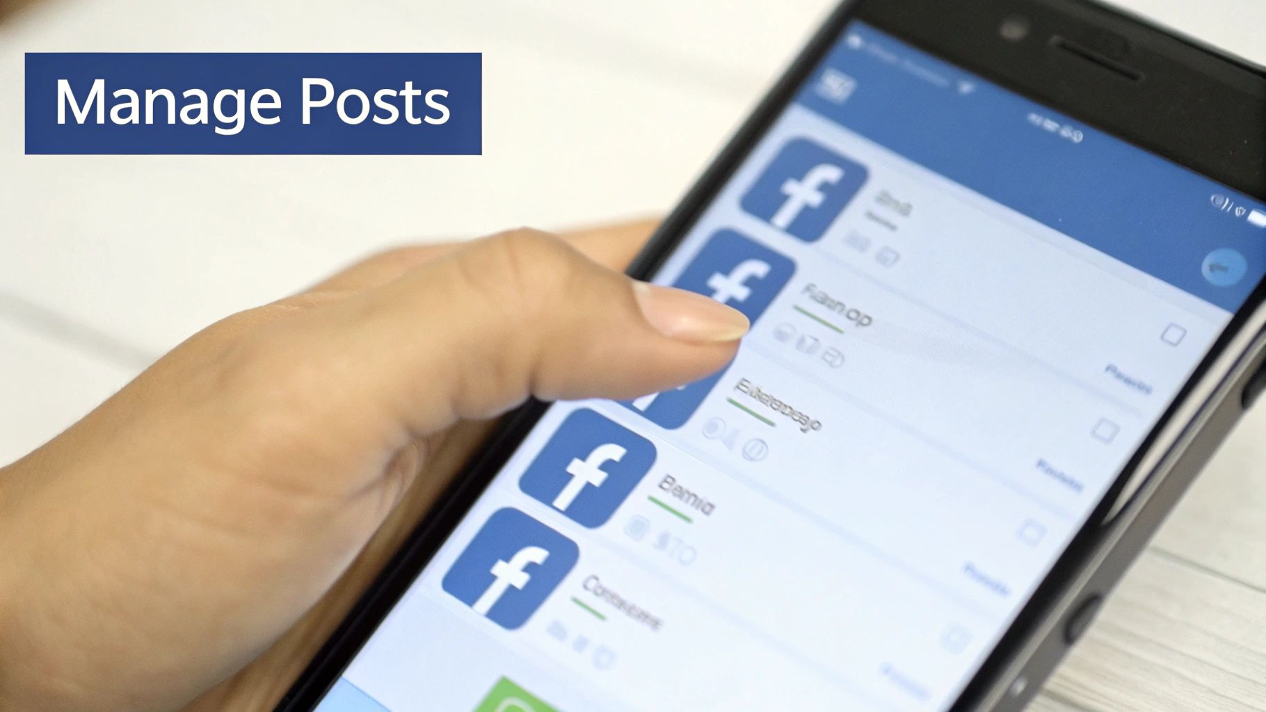 A person's hand uses a smartphone displaying the Facebook app with a 'Manage Posts' overlay.