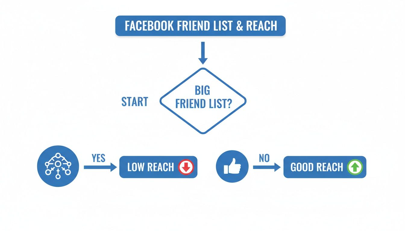 Flowchart illustrating how Facebook friend list size affects post reach, showing big lists lead to low reach.