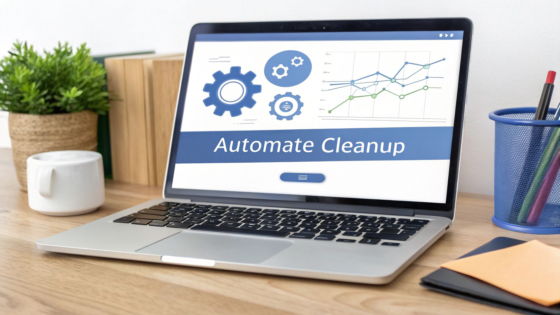 Laptop on a wooden desk displaying 'Automate Cleanup' software with gear icons and data charts.