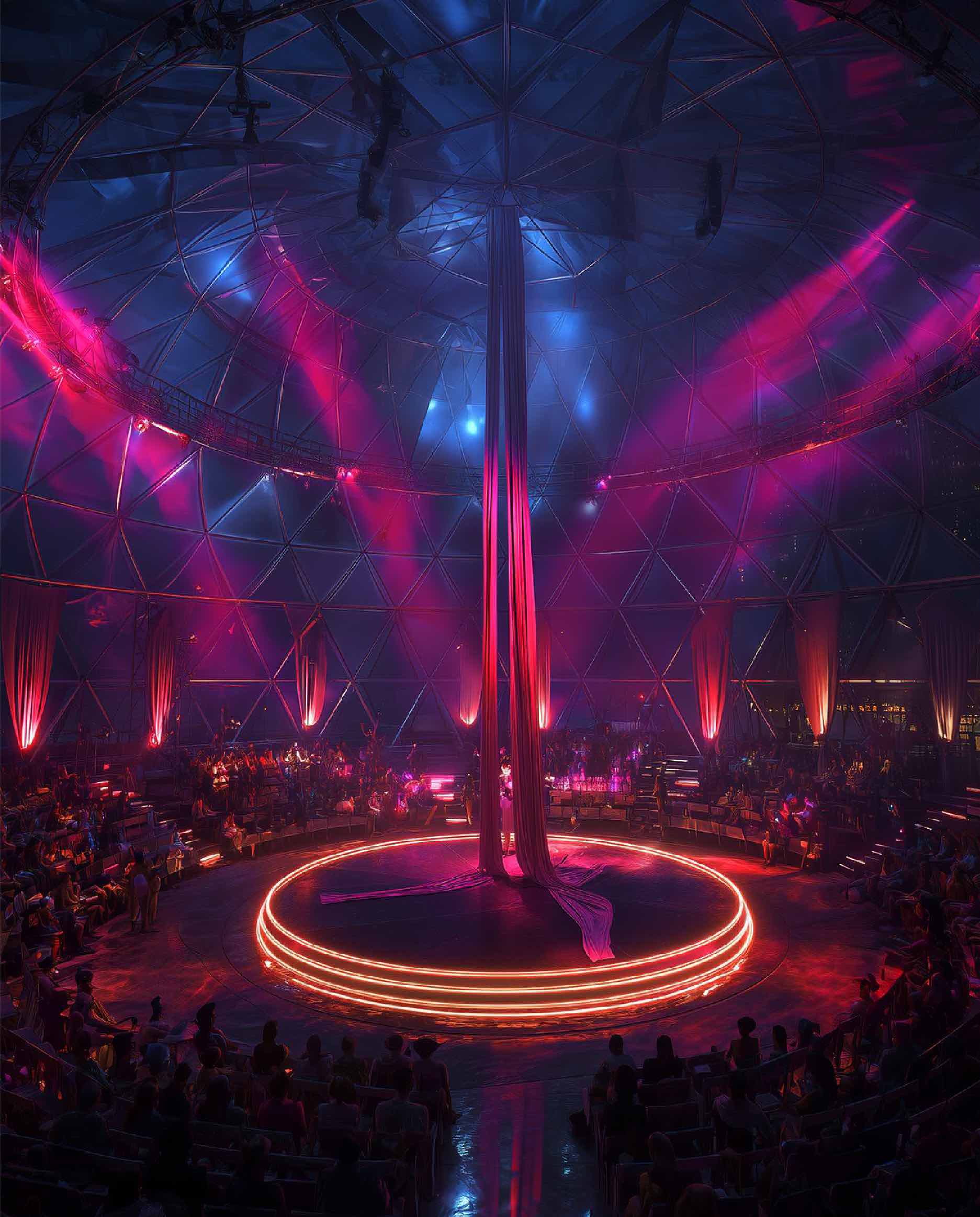 Audience seated around a circular stage with glowing red rings inside a geodesic dome illuminated by purple and blue spotlights.