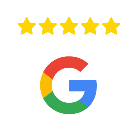 Google logo with five gold stars above representing a five-star rating.