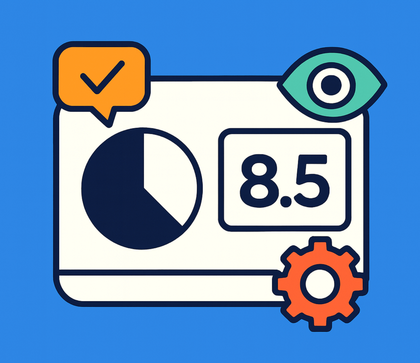Graphic of a dashboard with a pie chart, numerical score 8.5, a speech bubble with a checkmark, an eye icon, and a gear icon on blue background.
