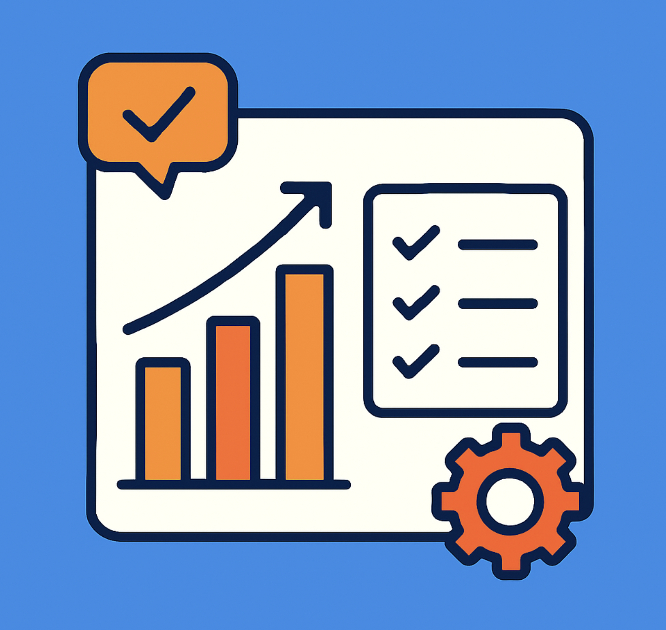 Illustration of a rising bar chart with an upward arrow, a checklist with three checked items, and an orange gear icon on a blue background.