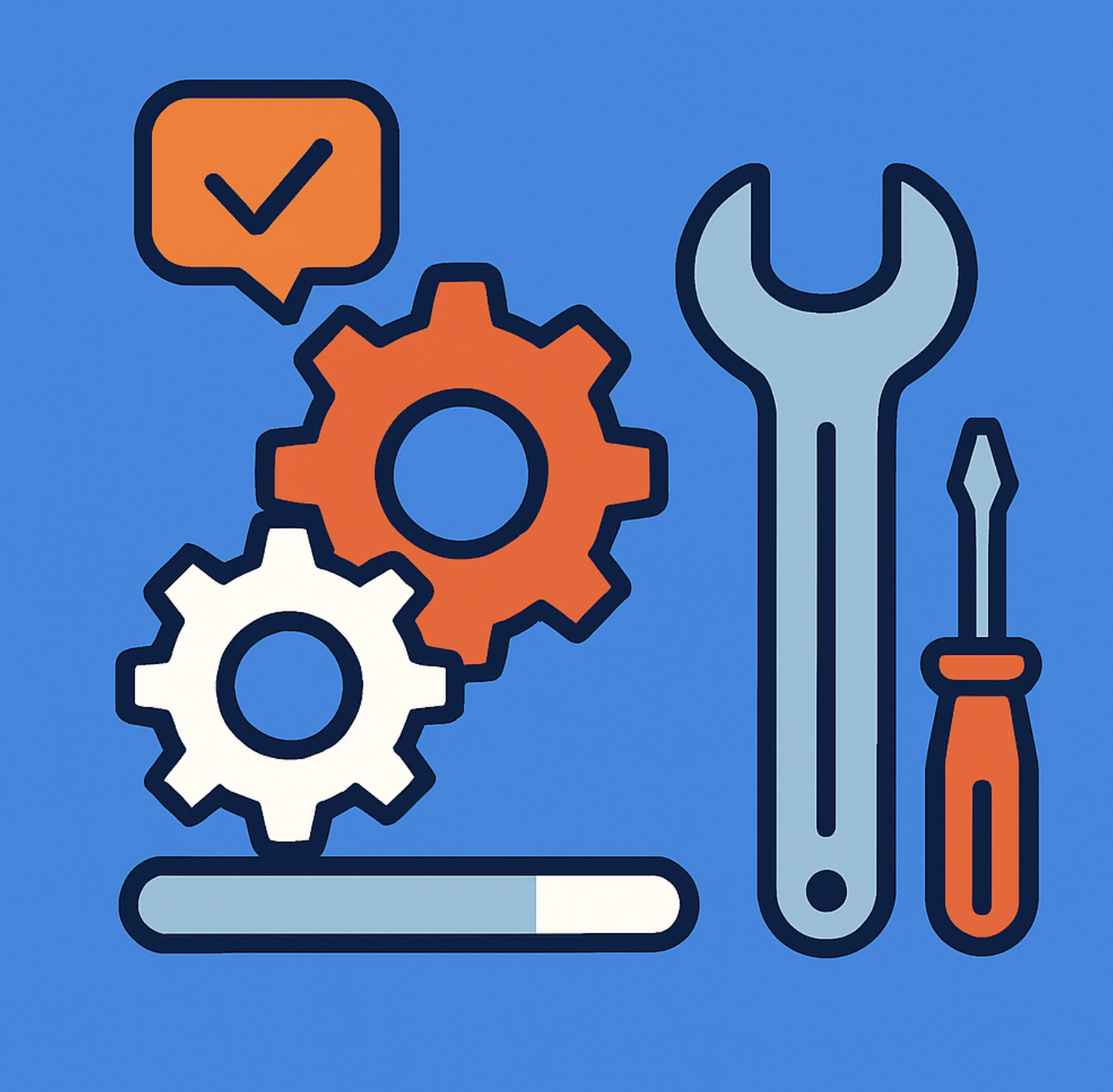 Icons of two gears, a wrench, a screwdriver, a loading bar, and an orange checkmark symbol on a blue background.