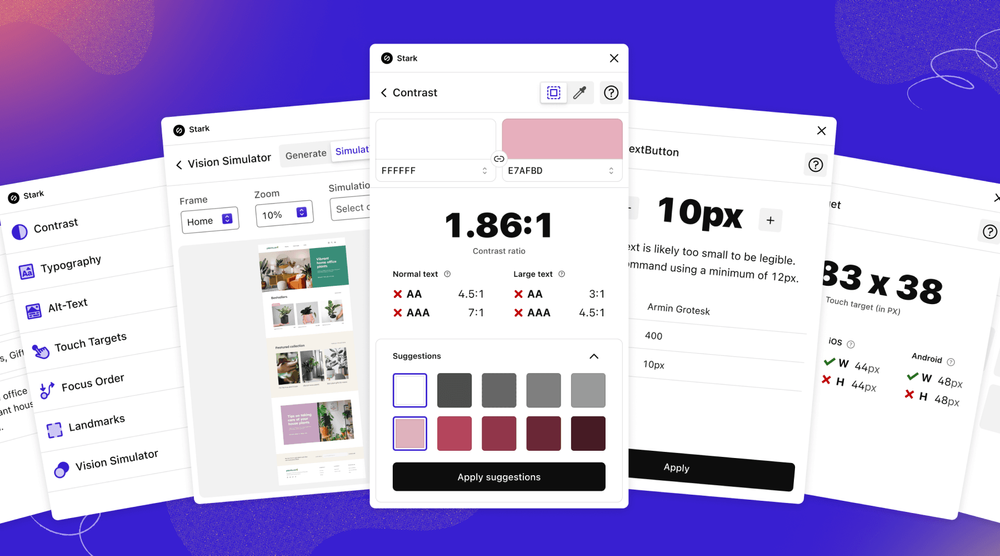 Screenshot of Stark accessibility tool showing contrast ratio details, color suggestions, and various accessibility features like typography, alt-text, touch targets, focus order, landmarks, and vision simulator.