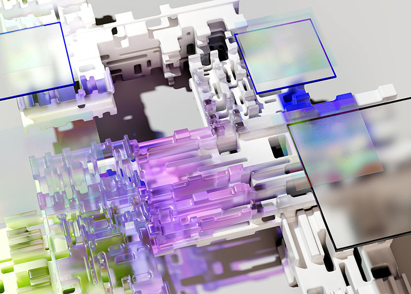 Abstract 3D digital structure with translucent purple, white, and green geometric shapes and square panels.