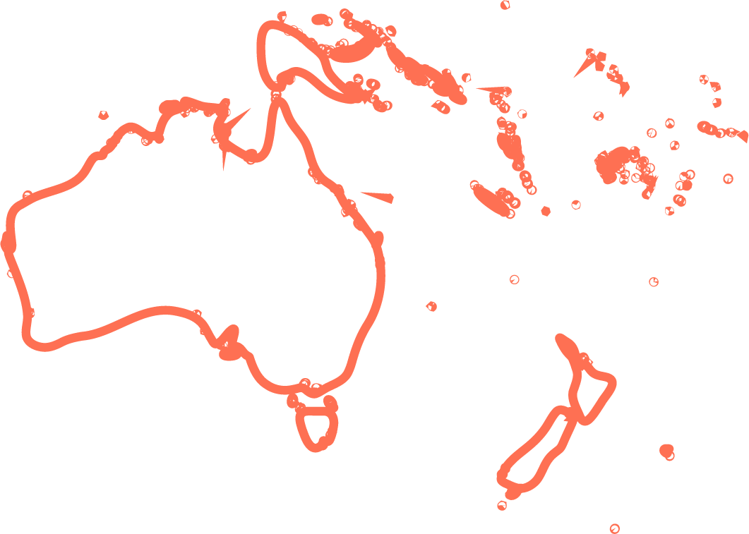 Outline map of Australia, New Zealand, and surrounding Pacific islands in orange on a white background.