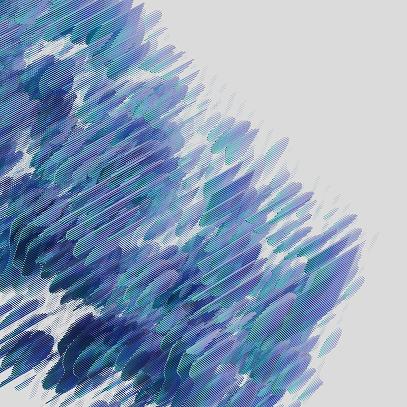Abstract digital art with dynamic brush strokes in shades of blue, teal, and purple on a light gray background.