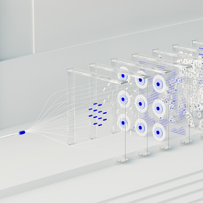 Abstract digital illustration depicting data flow through multiple transparent panels with blue and white circular and linear elements.
