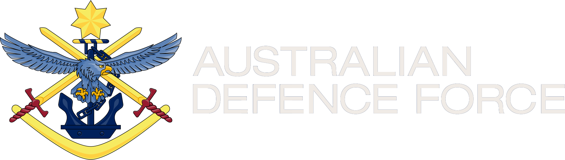 Emblem featuring a blue eagle with outstretched wings, crossed swords, anchors, and a gold star above, next to the text 'AUSTRALIAN DEFENCE FORCE'.