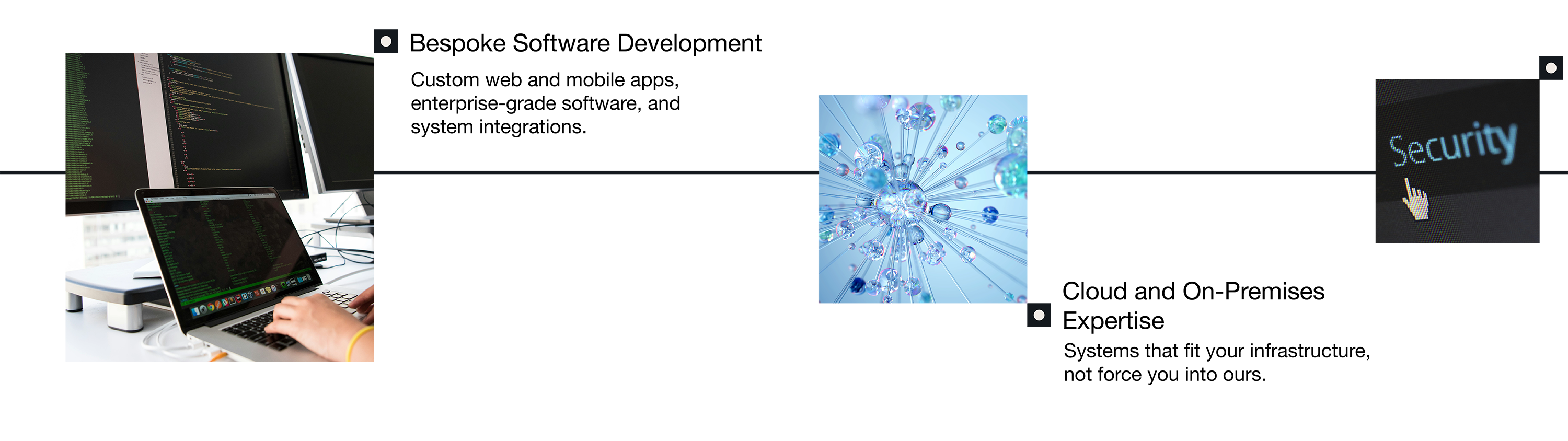 Person typing on a laptop with multiple monitors displaying code, abstract 3D network structure of spheres connected by lines, and a cursor pointing at the word 'Security' on a screen.