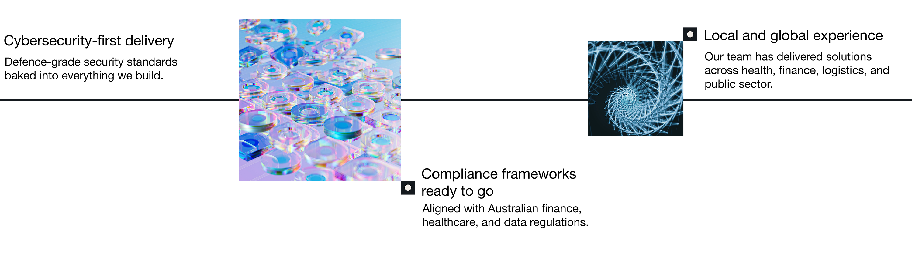 Left image shows translucent, colorful 3D disks and squares with iridescent reflections; right image displays a glowing blue spiral pattern with intricate lines on a dark background.