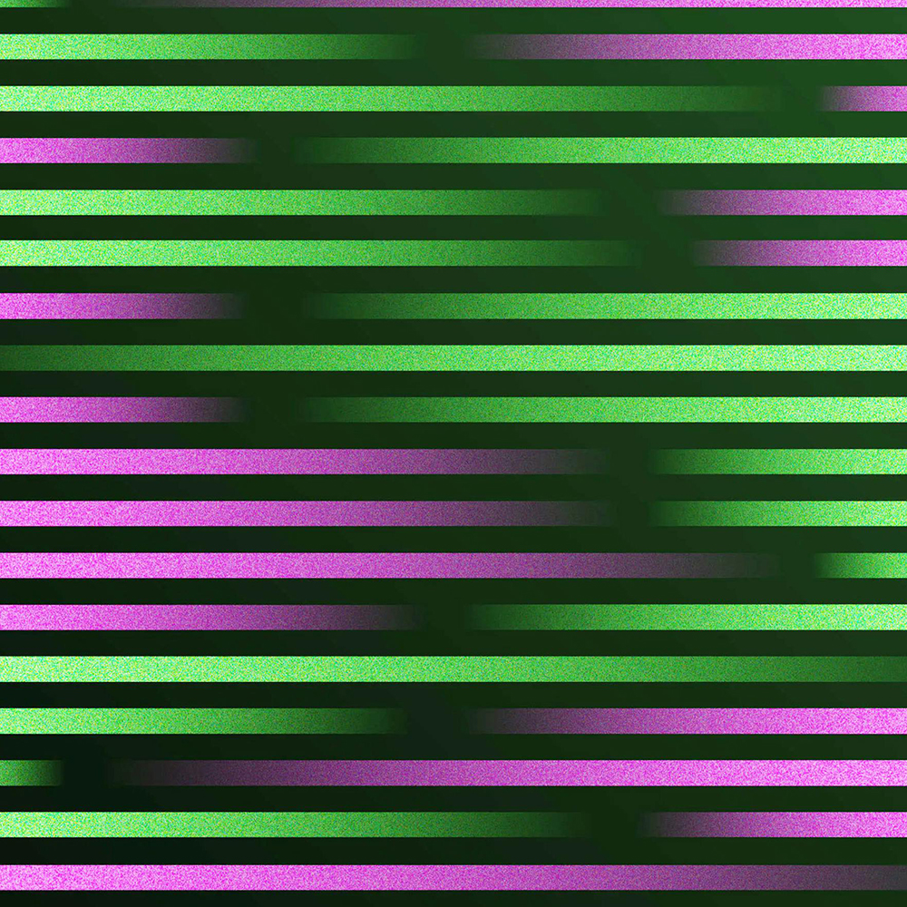 Abstract horizontal stripes in alternating bright green and purple with a grainy texture on a dark background.