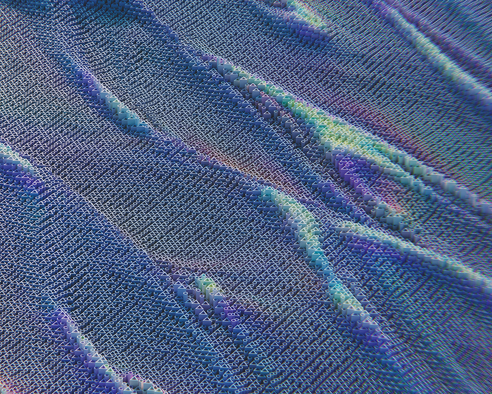 Abstract digital grid with blue, purple, and green hues forming a 3D topographic map of symbols including triangles and circles.