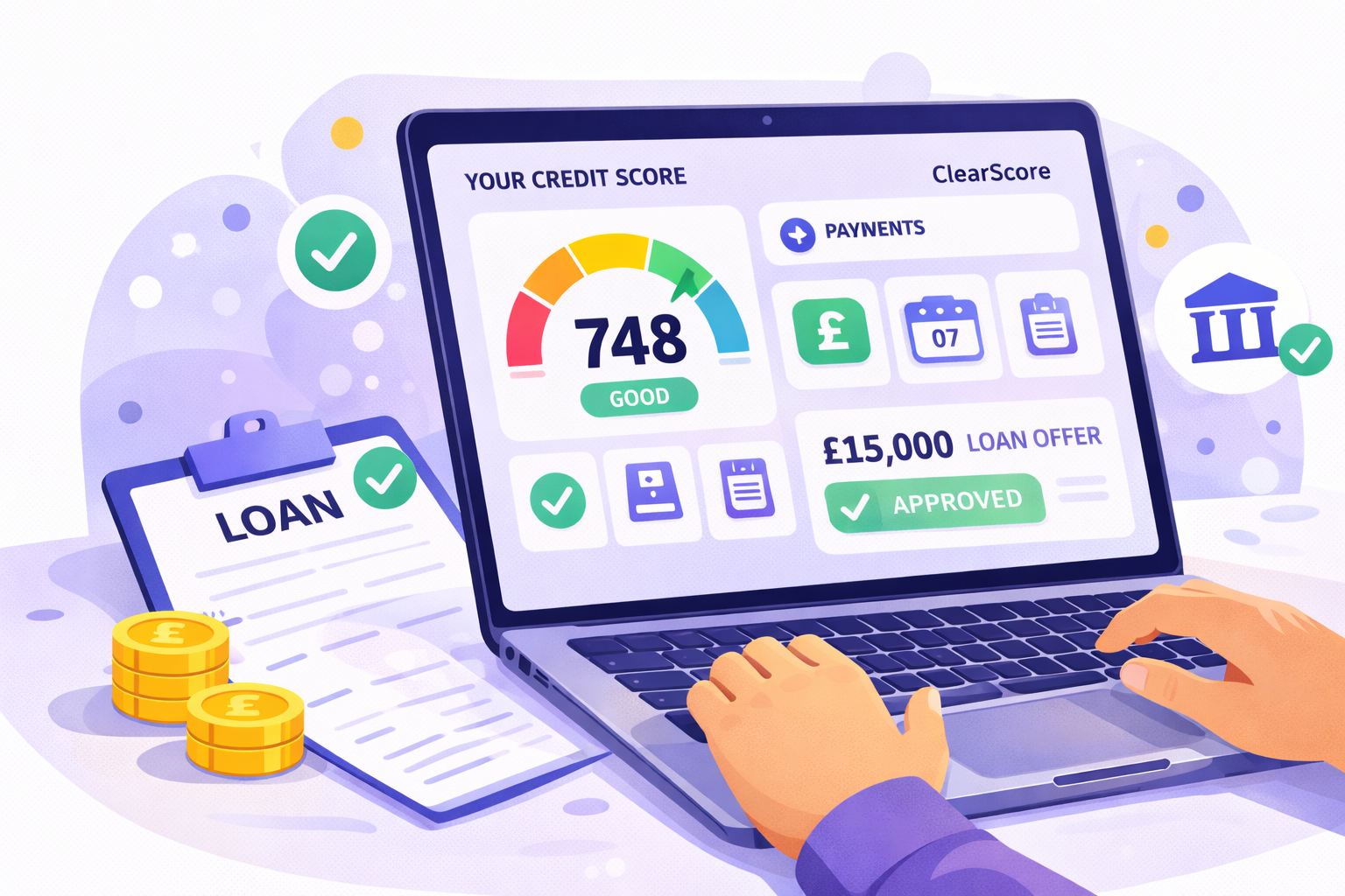 UK borrower checking a ClearScore credit score before applying for a loan.