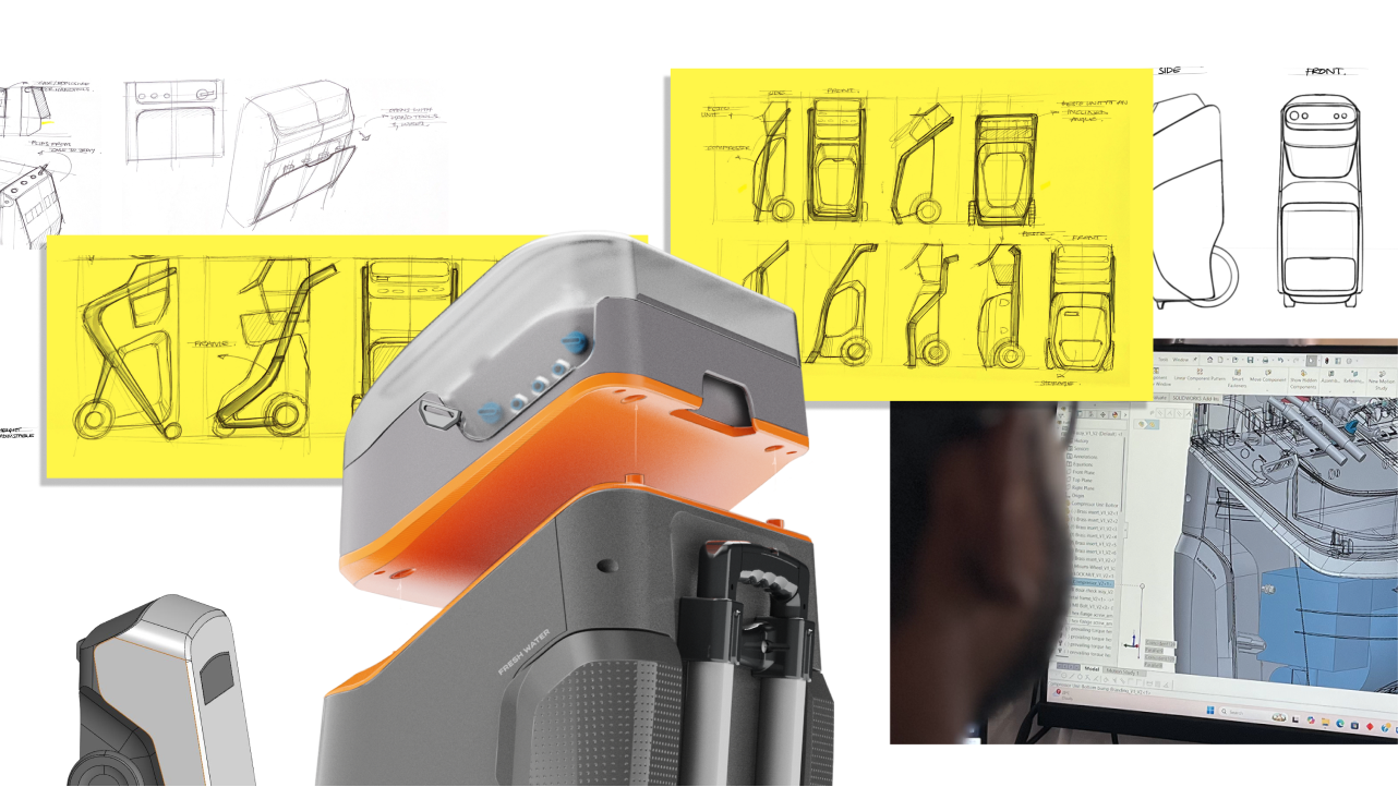 Engineering board for a portable dental unit with sketches and CAD