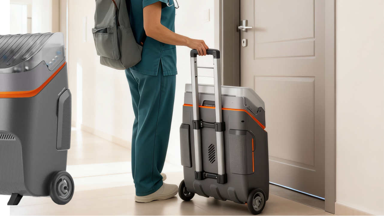 A clinician wheeling a portable dental unit through a doorway