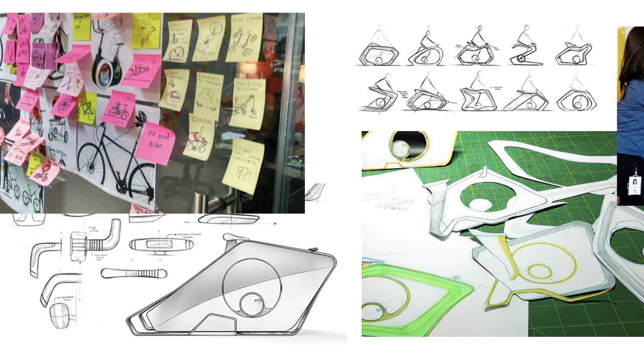 Sticky notes and sketches from an exercise bike concept session