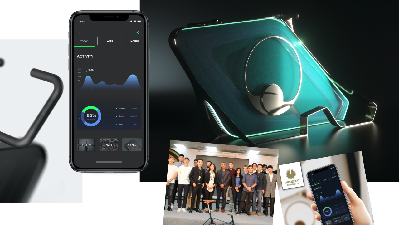 Exercise bike app screens with ride and lighting controls