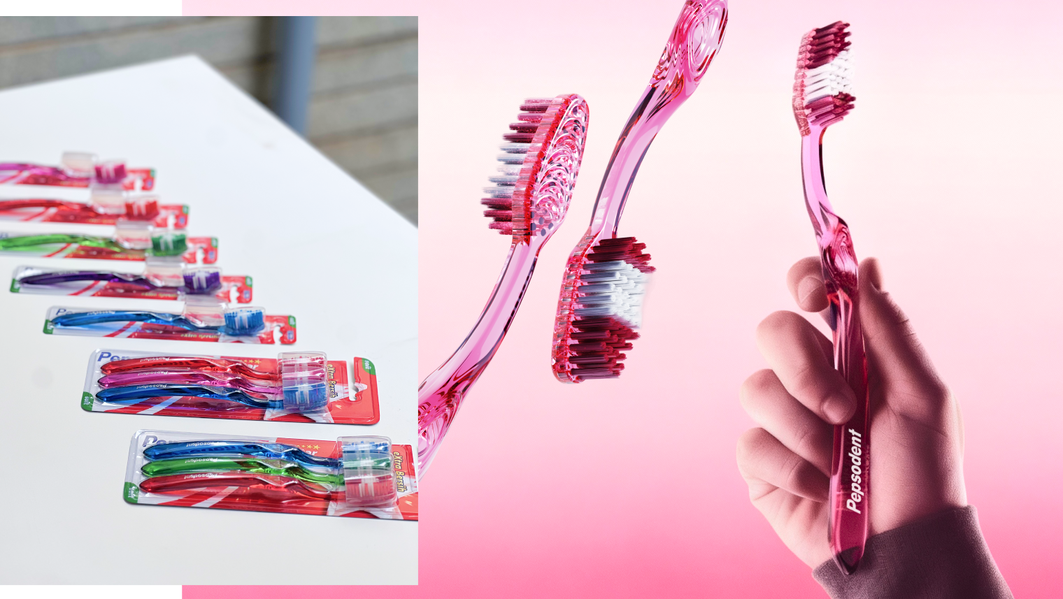 Toothbrush colourways and a hand gripping a prototype handle