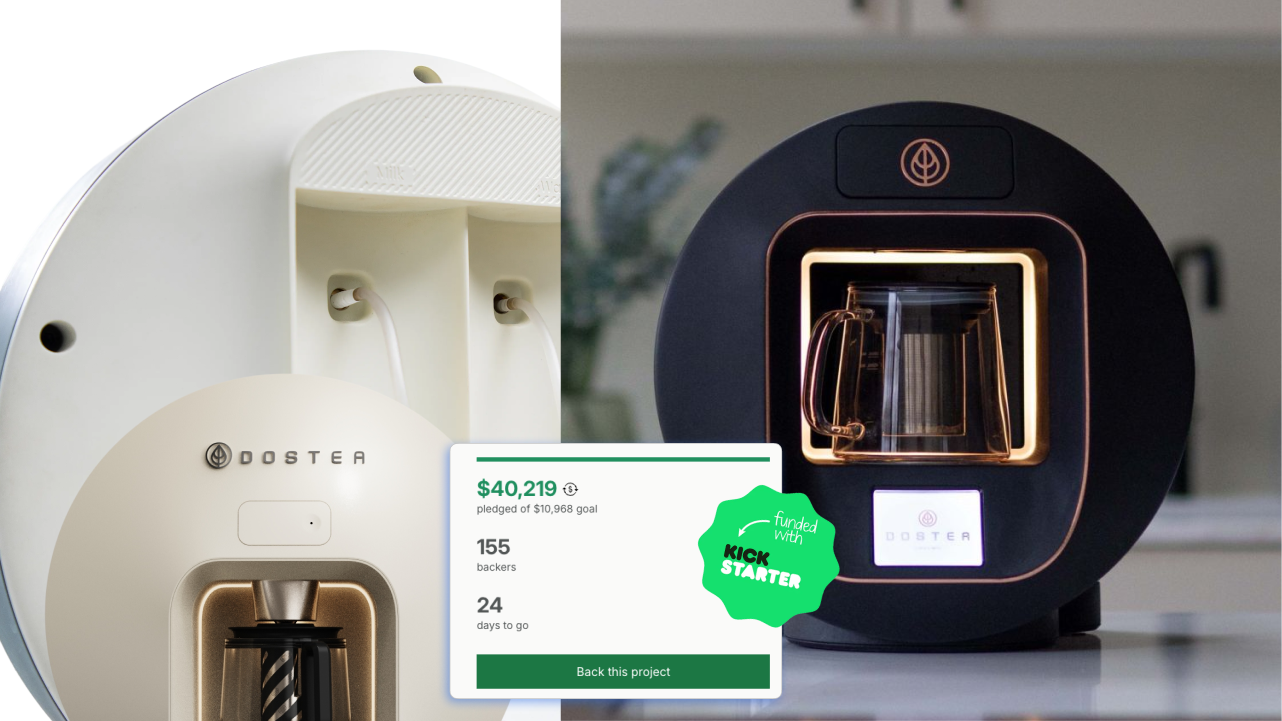 Dostea tea maker beside its funded Kickstarter campaign total