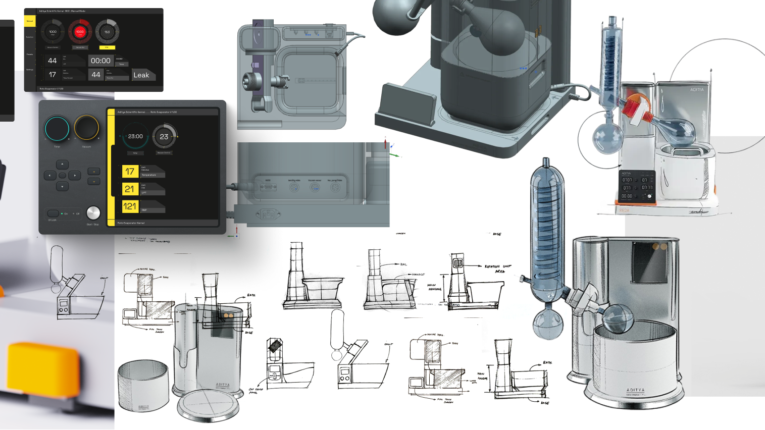 Interface research board with screens and hardware references