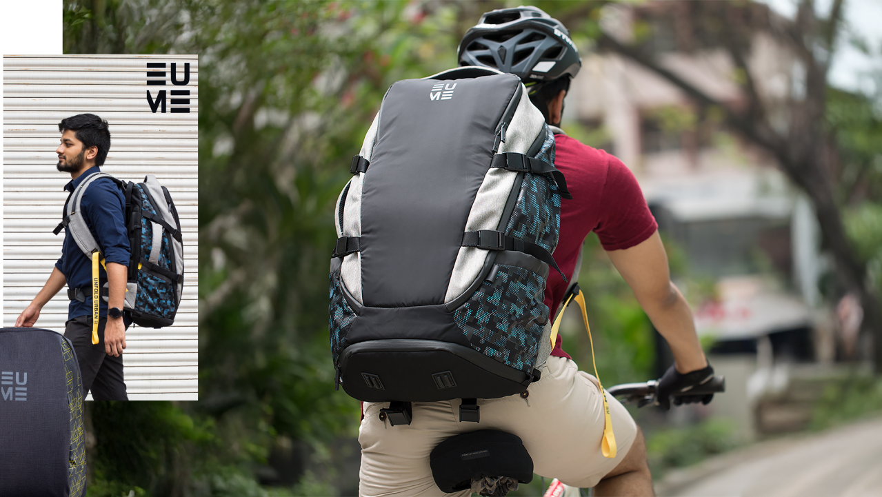 A rider wearing an EUME backpack, shot for the crowdfunding campaign
