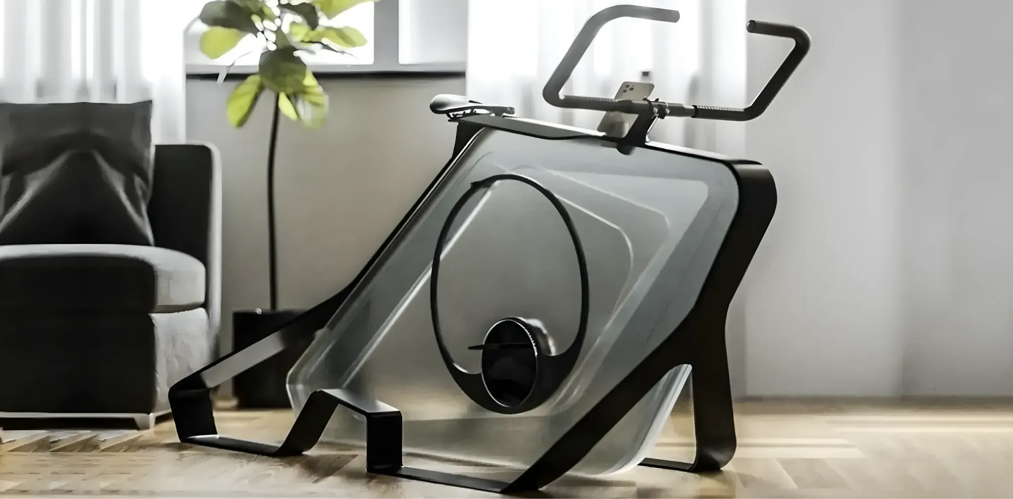 A modern, futuristic exercise cycle on wooden floor in a house