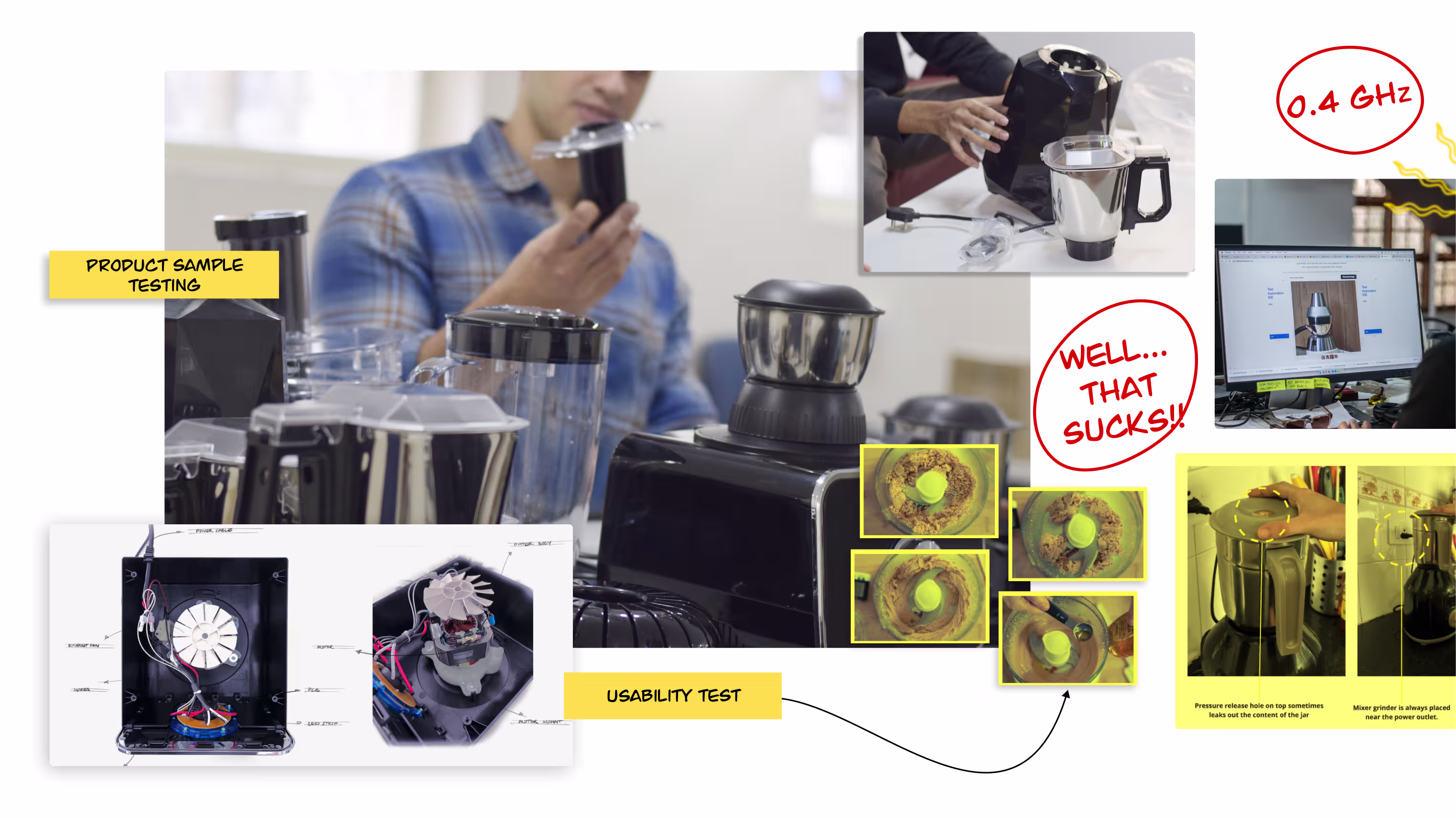 Usability testing of kitchen mixer samples with annotated findings and motor teardown photos