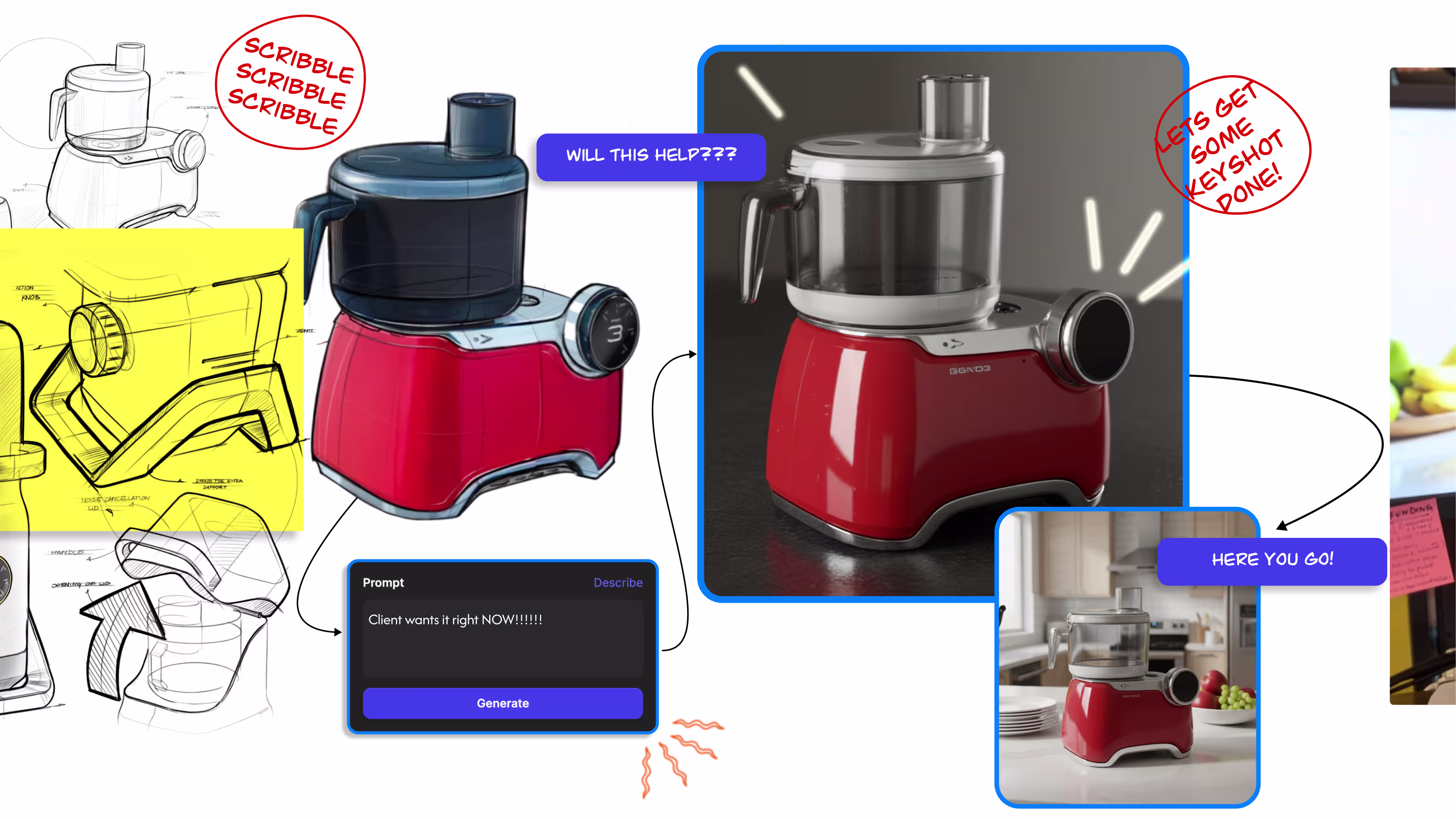 Mixer engineering board with CAD views and review notes