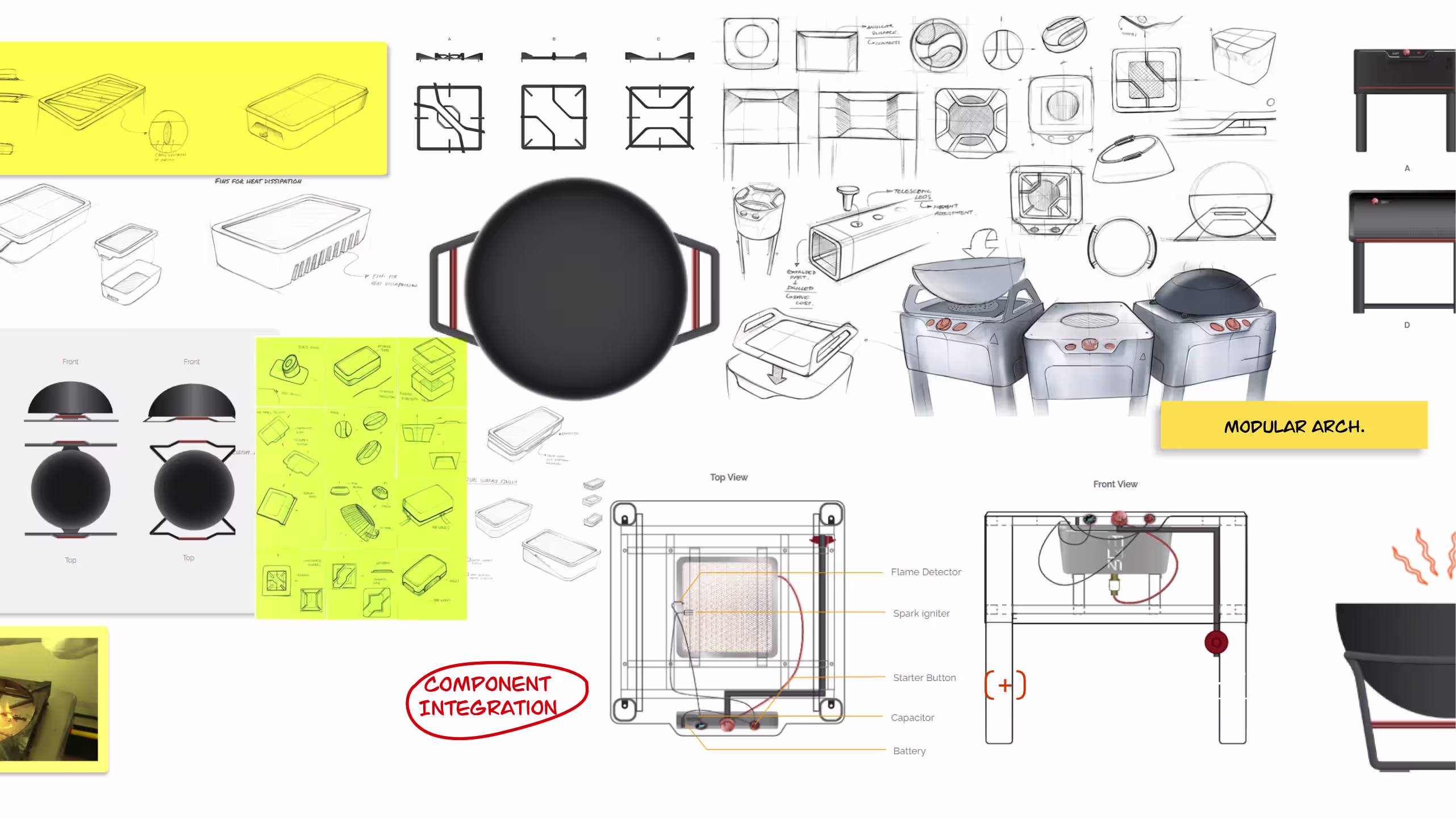 Engineering sketches of a modular stove architecture with component integration notes