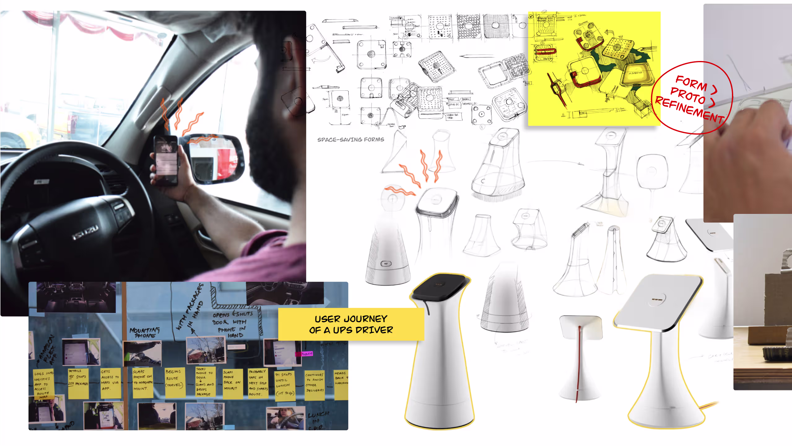 Bolt wireless car charger concept board with a delivery driver's user journey, form sketches and early stand concepts
