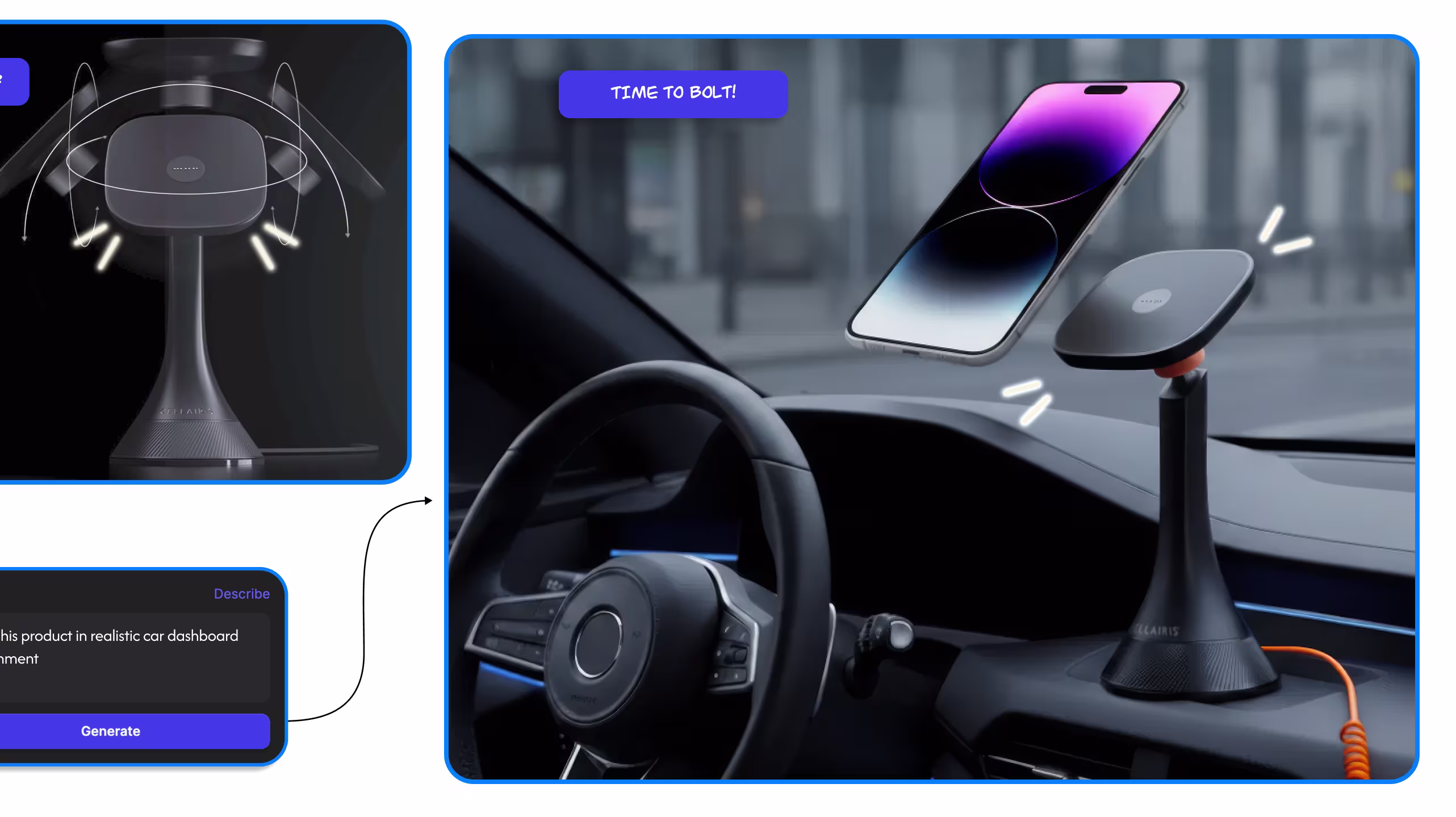 Wireless car charger in a car with its phone app on screen