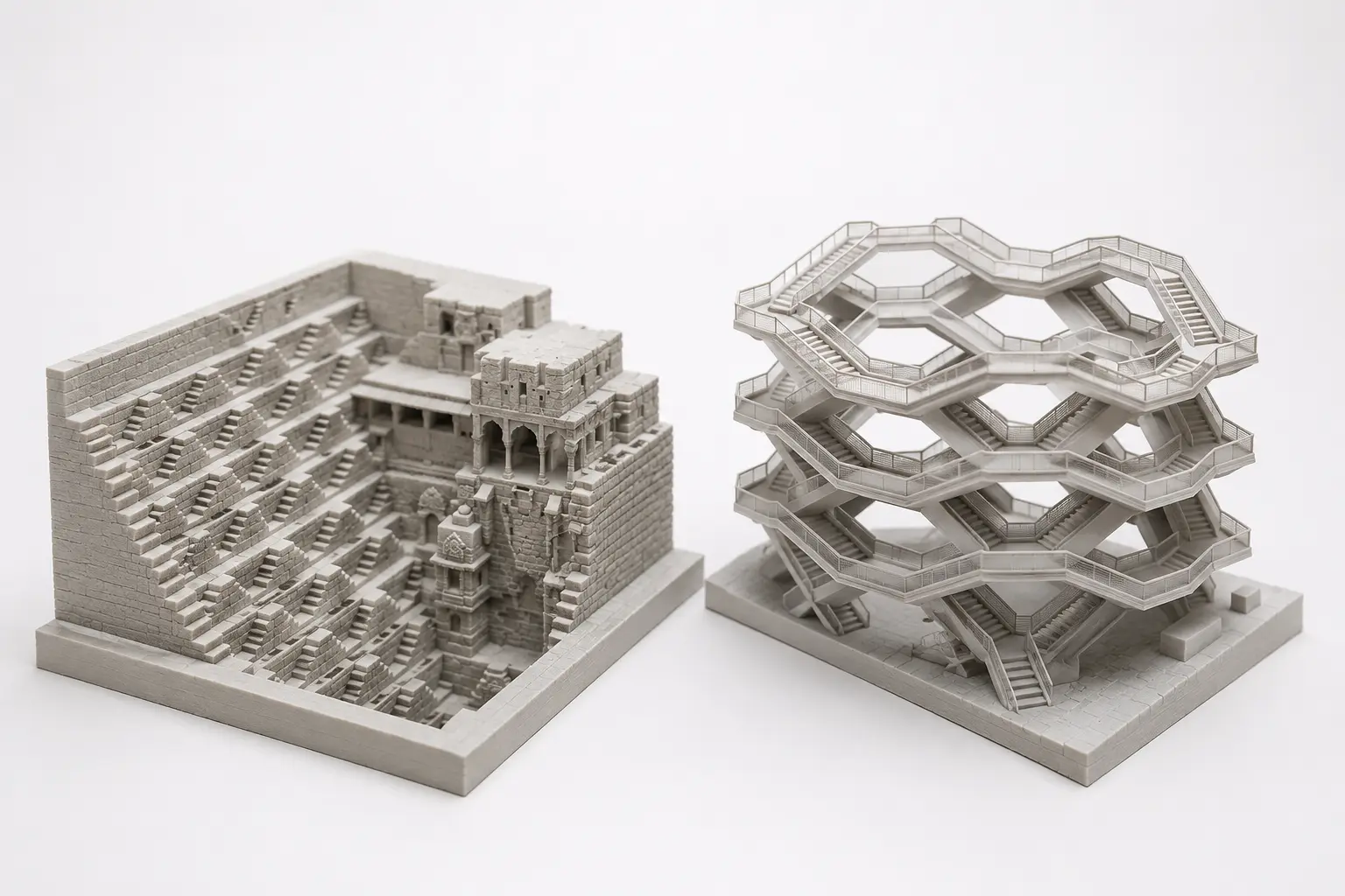 Ancient Chand Baori stepwell architecture blending into a modern interlocking staircase structure, showing how cultural design heritage inspires contemporary products as part of the ancient and modern world
