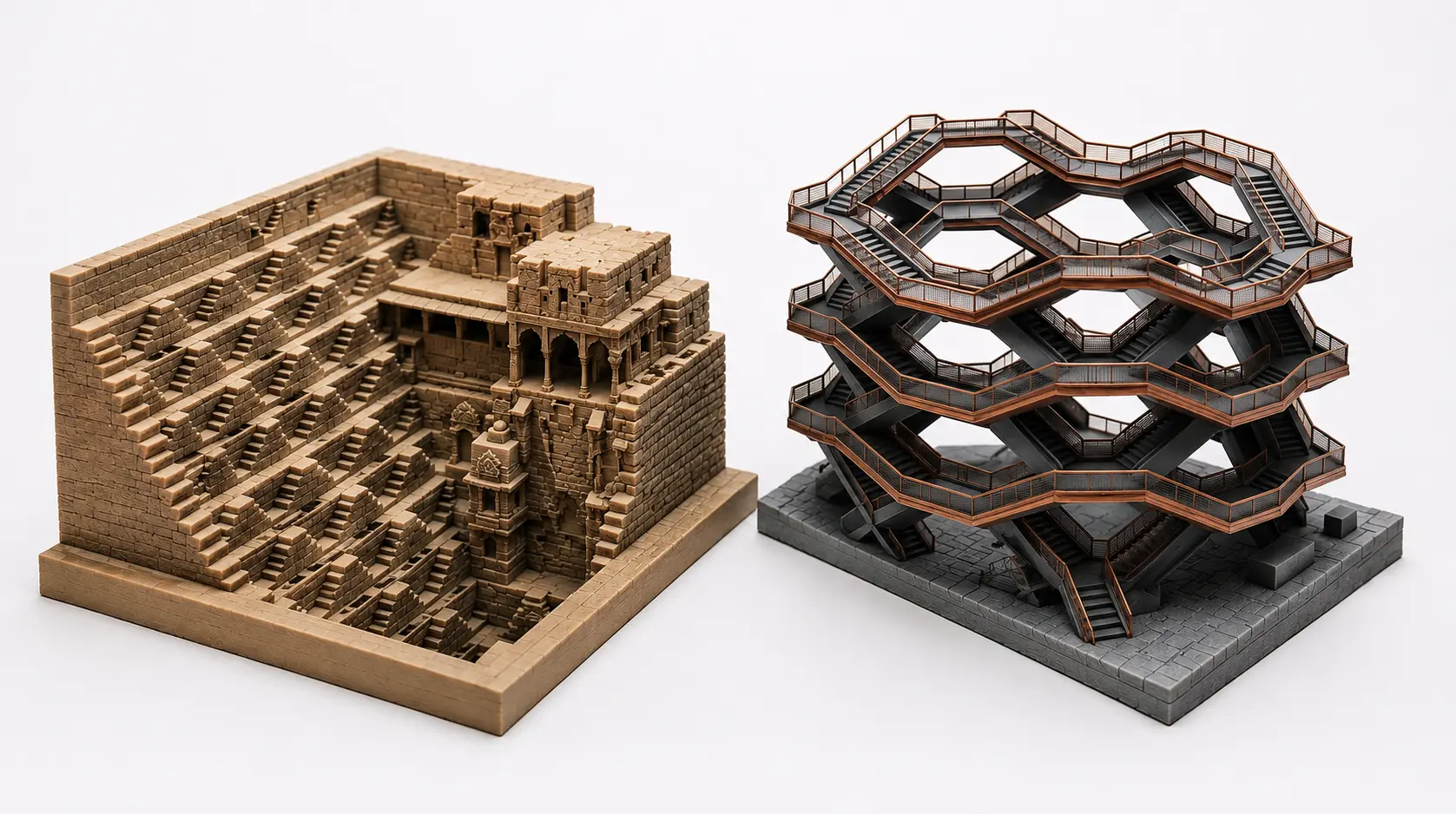 Ancient Chand Baori stepwell architecture blending into a modern interlocking staircase structure, showing how cultural design heritage inspires contemporary products in full color