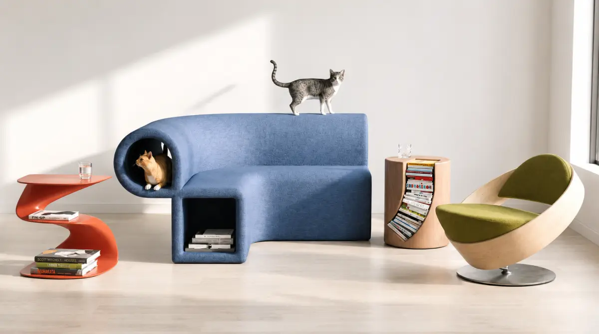 Modern home furniture design ideas: curved wood chair, blue pet-nook sofa, orange table